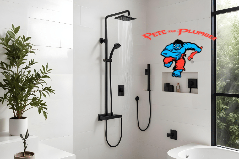 Shower Kits Sold By Pete The Plumber in Calgary portrayed by standing shower in white bathroom.